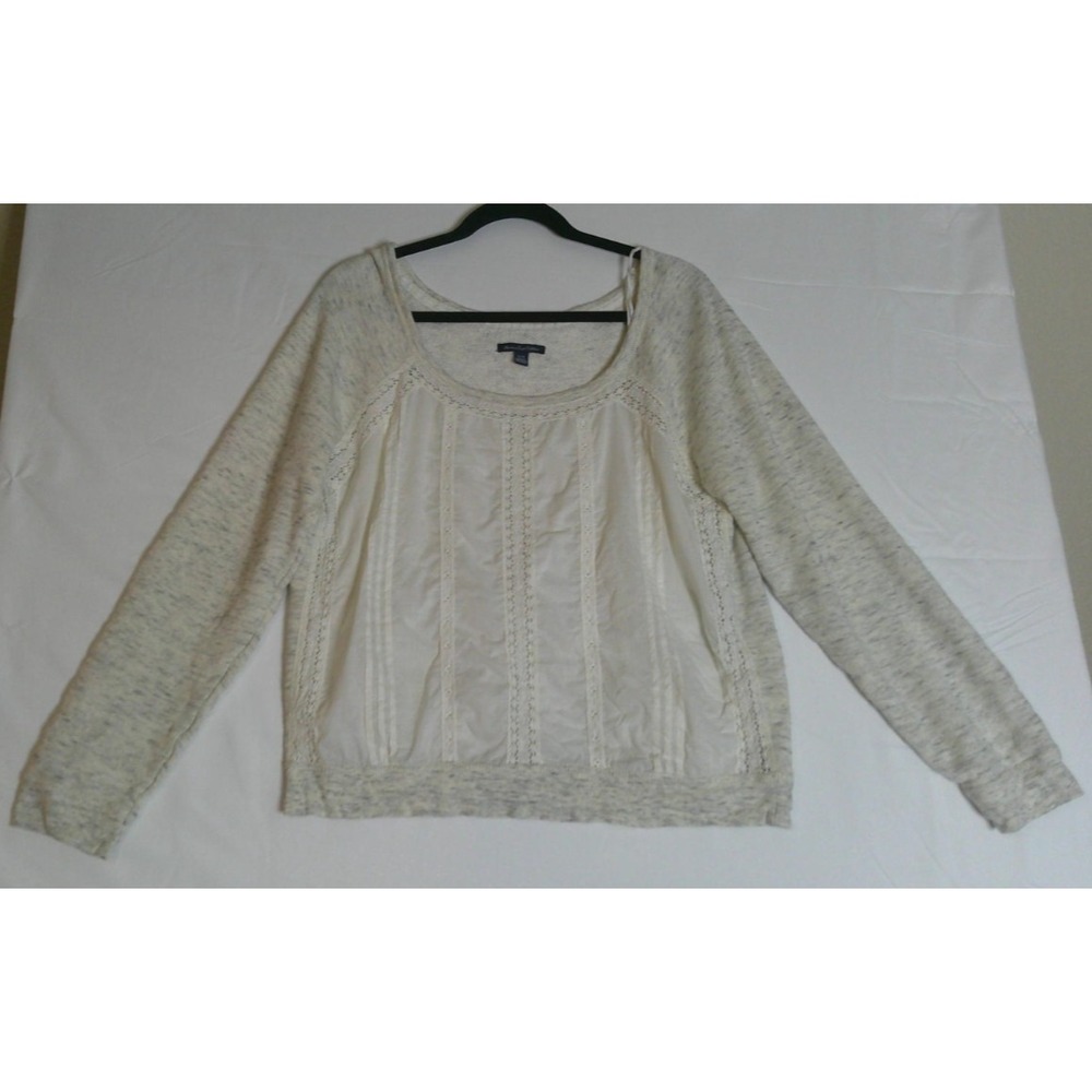 American Eagle Womens XL Pullover Top Cream Marled Lace Trim Mixed Media Pintuck